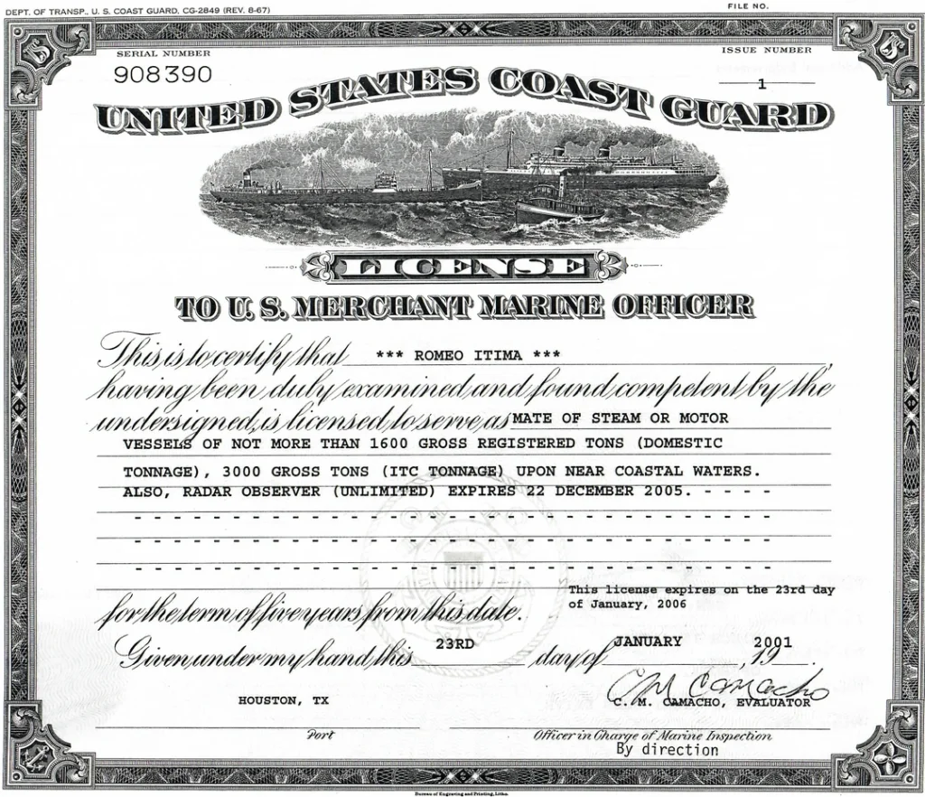 Merchant Marine Master Cert 2001